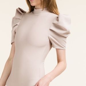 Taupe Ribbed Bodysuit with Puffy Sleeves.